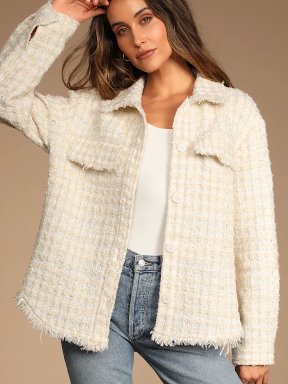 Lulus Take Notes Ivory Plaid Tweed Shacket. Size M